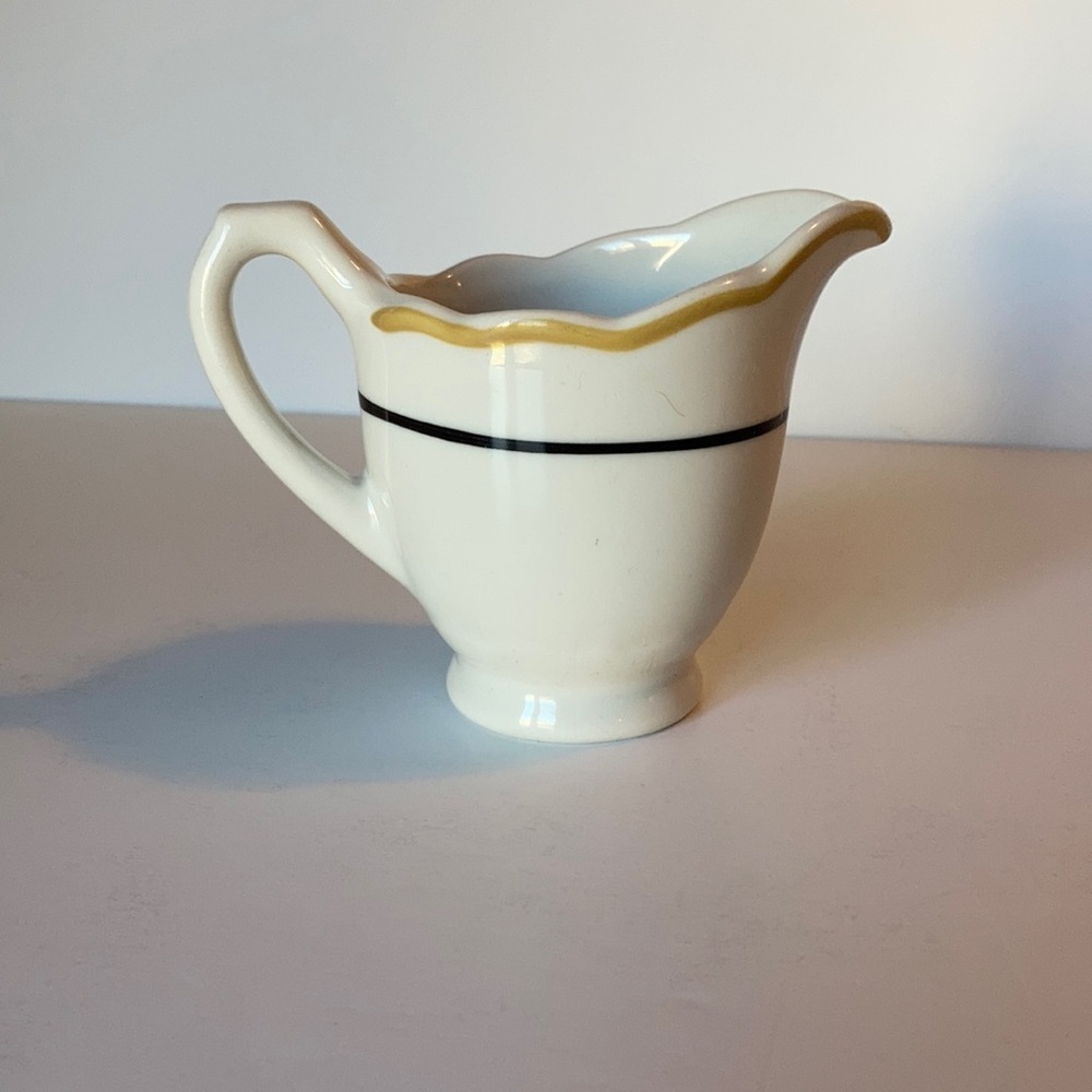 Syracuse China white creamer pitcher black stripe mustard trim restaurant ware
